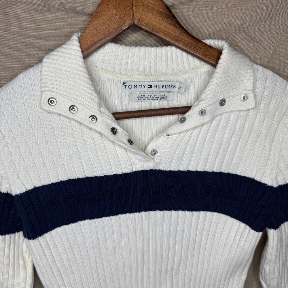 Tommy Hilfiger Womens Ribbed Polo Sweater Spell Out Stripe Vintage Small - Picture 2 of 5